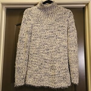 Chelsea and Theodore Mock Turtleneck Chucky Knit Sweater Cream/Blue - Size Small